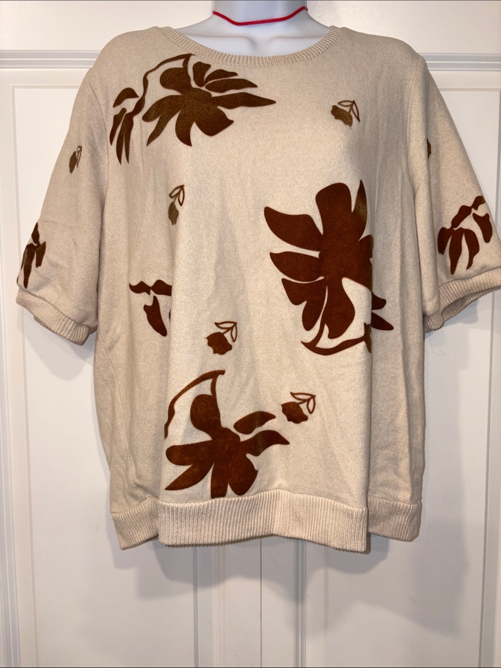 Love and Lace Cream and Brown Velvet Floral Sweater Blouse Size XL